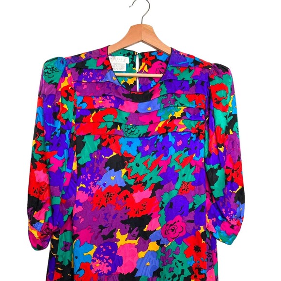 Flora Kung II New York Vintage Colorful 100% Silk Dress VTG Shoulder Pads Sz 10 - Picture 3 of 12